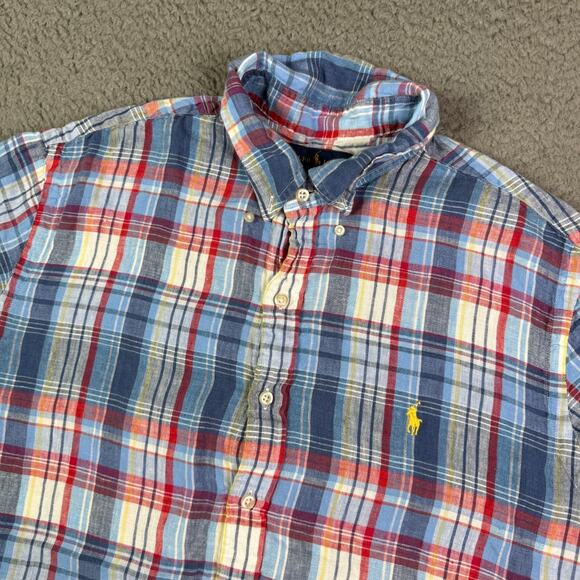 Ralph Lauren Shirt Mens L Multicolor Plaid 100% Linen Short Sleeve Button Down - Picture 1 of 8